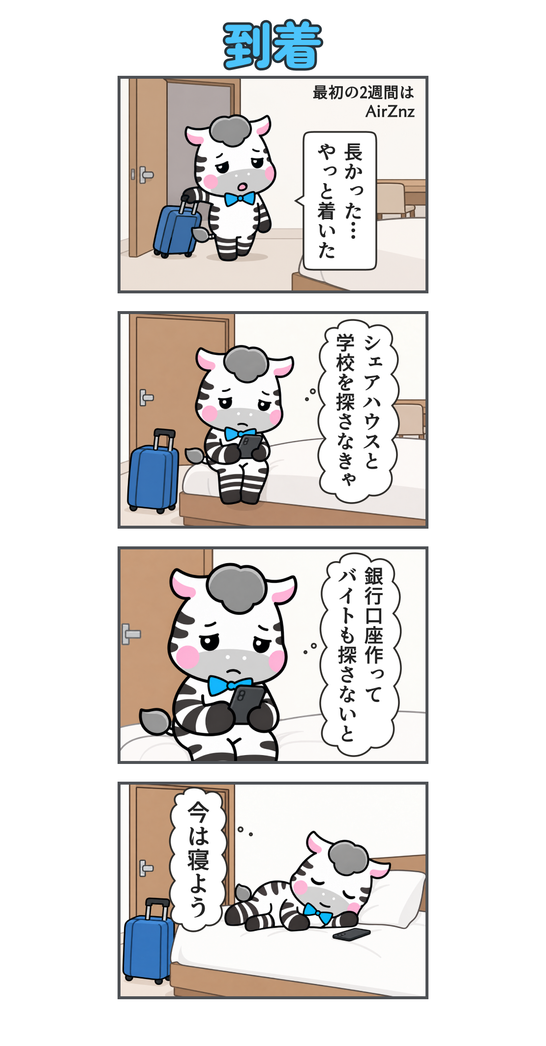 4コマ漫画「到着」。1コマ目。仮住まいの部屋へ、スーツケースを引いて到着したゼブ。注記「最初の2週間は AirZnz」。ゼブ「長かった… やっと着いた」。2コマ目。ドアを閉じた部屋でベッドに腰掛け、スマホを見る。心の声「シェアハウスと 学校を探さなきゃ」。3コマ目。疲れた顔でスマホを見る。心の声「銀行口座作って バイトも探さないと」。4コマ目。ベッドで横になる。心の声「今は寝よう」。