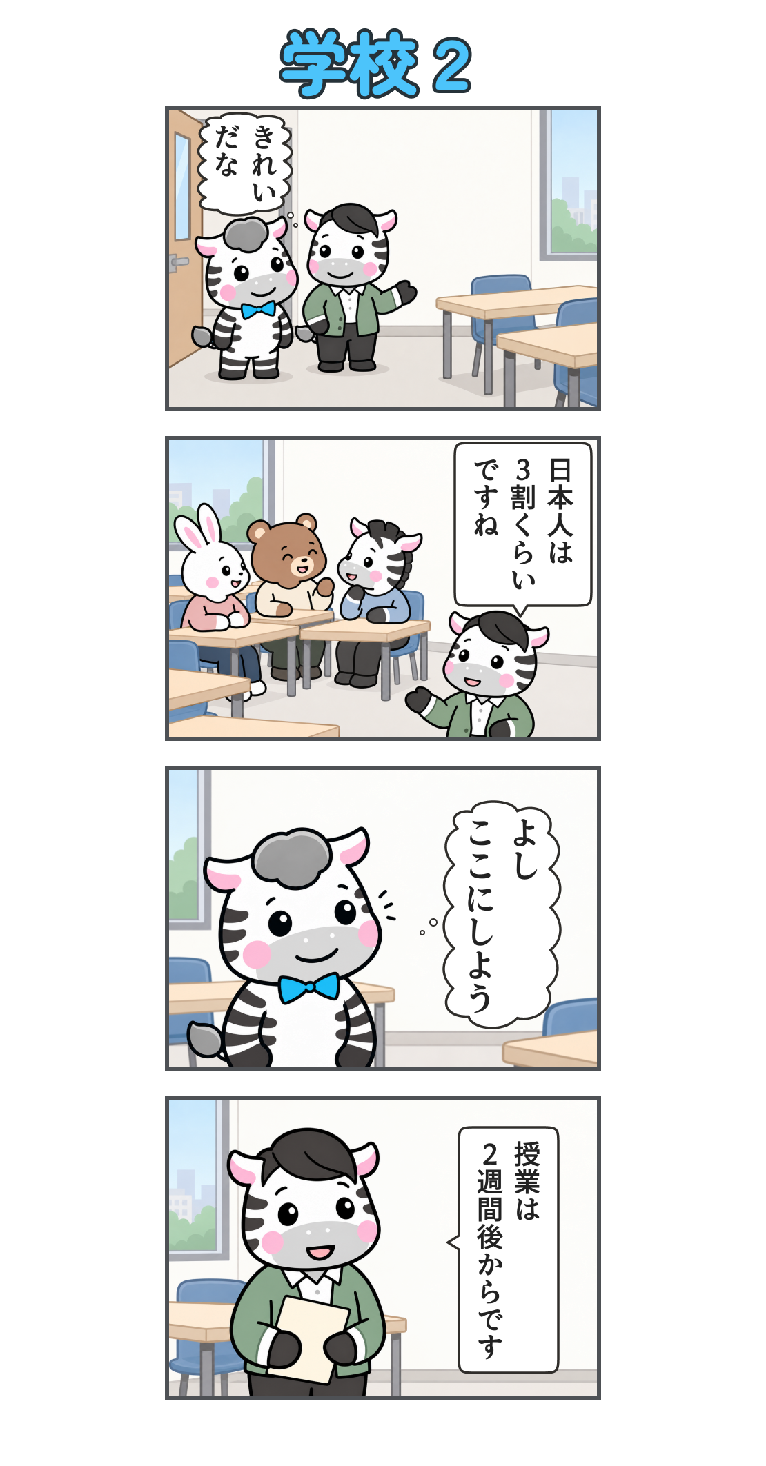 4コマ漫画「学校２」。1コマ目。日本人スタッフに学校を案内される。心の声「きれい だな」。2コマ目。教室では学生たちが楽しそうに過ごしている。スタッフ「日本人は ３割くらい ですね」。3コマ目。笑顔で学校を決めるゼブ。心の声「よし ここにしよう」。4コマ目。スタッフ「授業は ２週間後からです」。