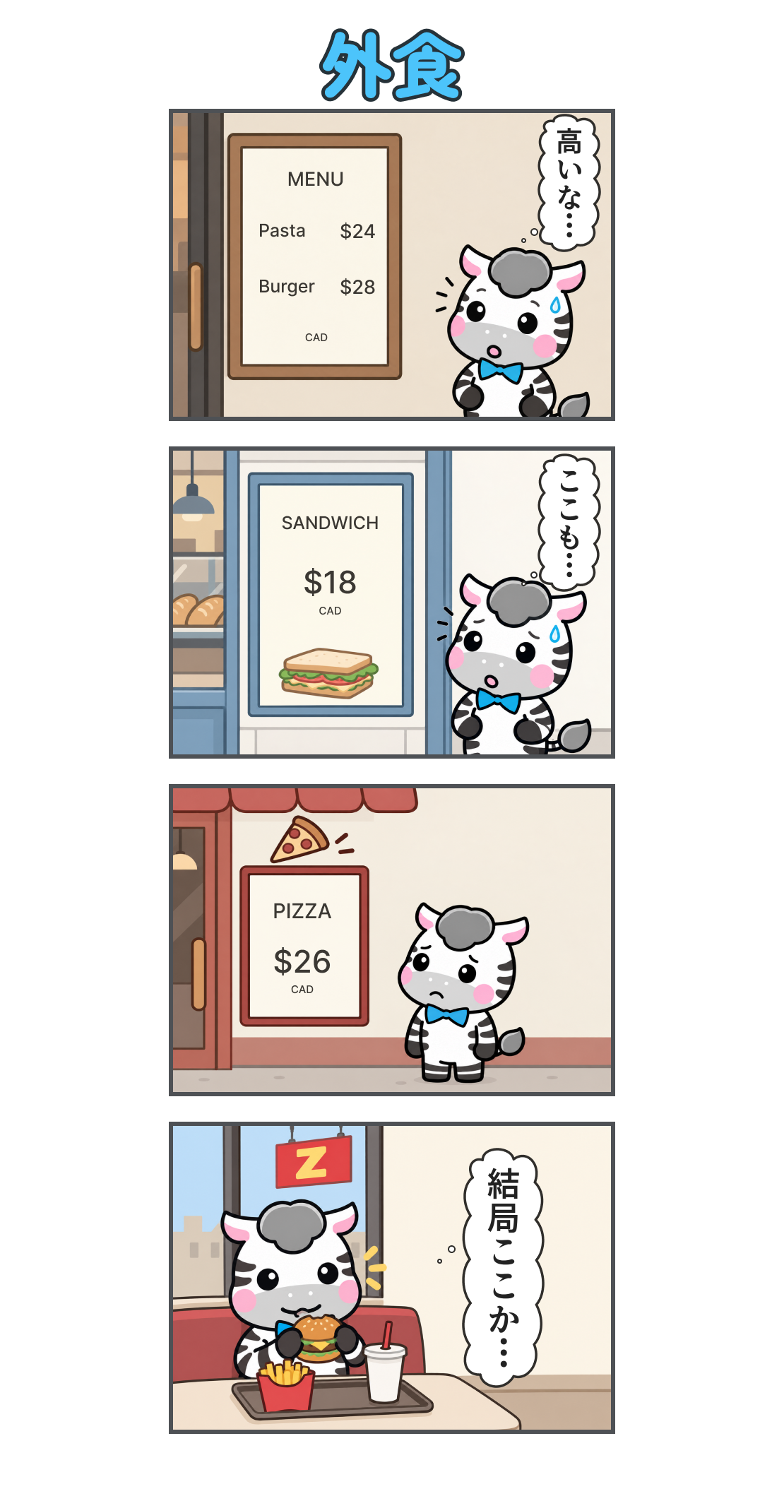 4コマ漫画「外食」。1コマ目。レストランのメニューを見る。パスタ24カナダドル、バーガー28カナダドル。心の声「高いな…」。2コマ目。別の店のサンドイッチは18カナダドル。心の声「ここも…」。3コマ目。さらに別のピザ店では26カナダドル。ゼブは黙って肩を落とす。4コマ目。Zの看板のファストフード店でバーガーとポテトを食べる。心の声「結局ここか…」。
