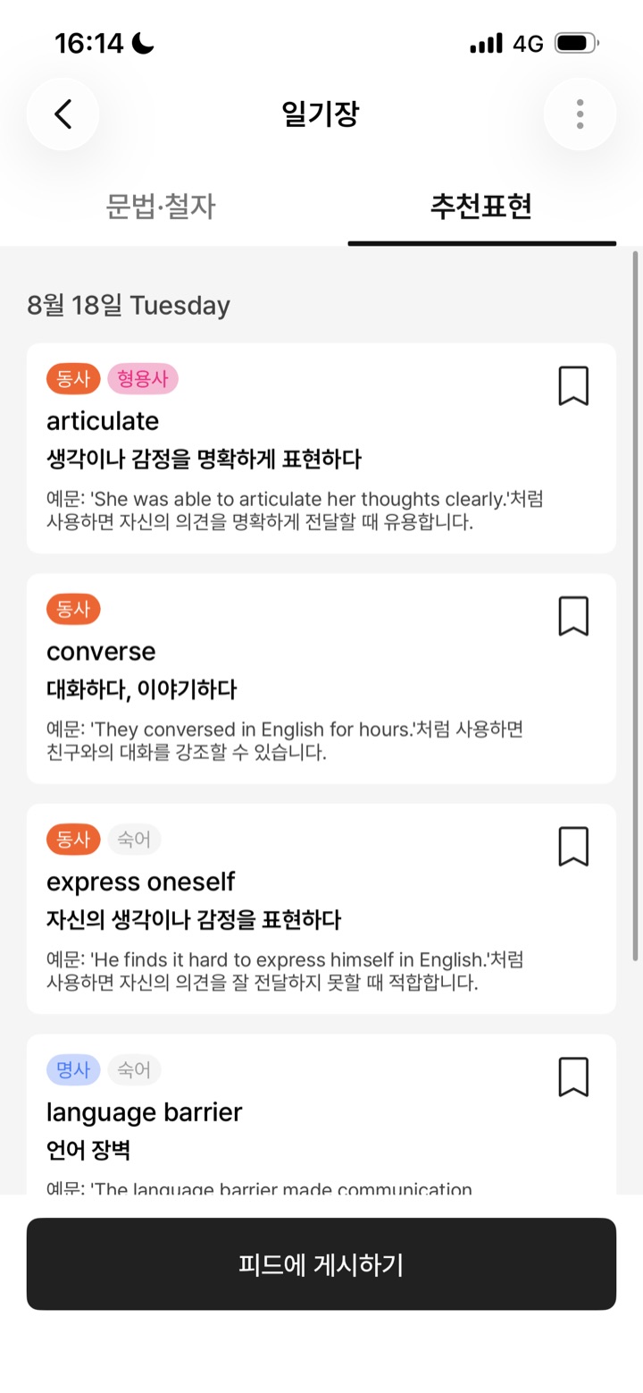 Hilingual의 추천 표현 화면